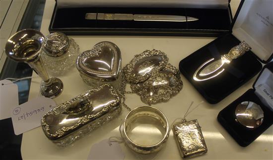 Sundry small silver, inc three spirit labels, bookmark, paperknife etc.